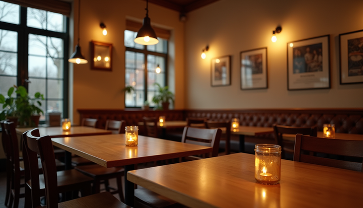 Eye-level view of a cozy restaurant interior with wooden tables and warm lighting