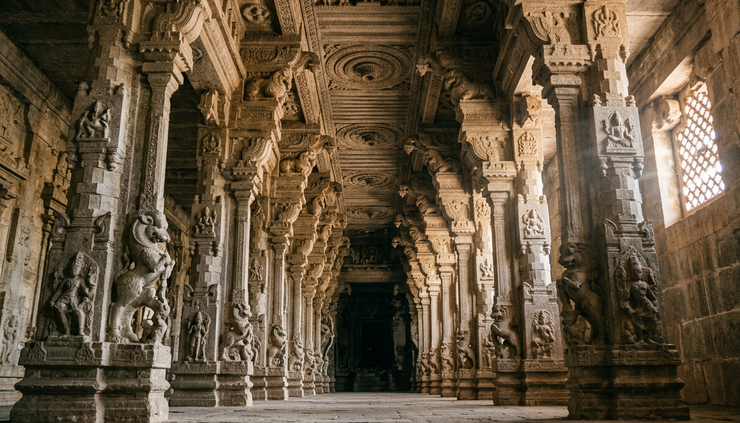 Low-angle view of carved stone pillars inside a historic Indian temple