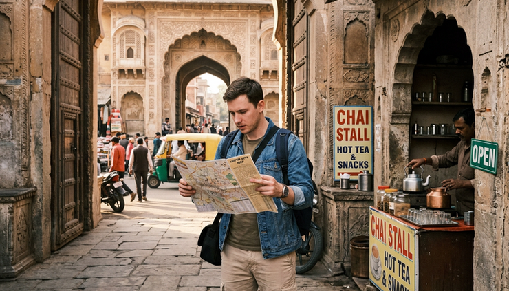 Eye-level view of a traveller reading a paper map near an old city gateway