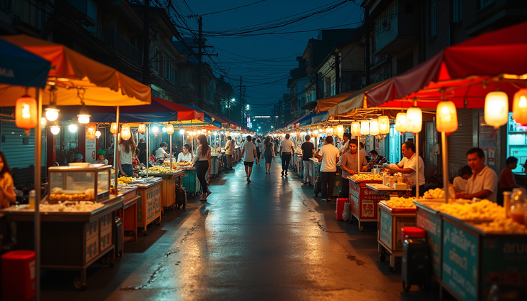 High angle view of a colorful night market street in Chiang Mai with food stalls and lanterns