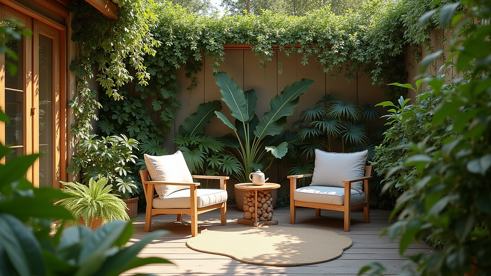 Eye-level view of a cozy outdoor seating area surrounded by greenery