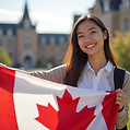 Young-adult-international-student-smiling-confidently-holding-a-Canadian-flag-with-a-unive