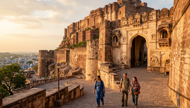 Wide-angle view of an ancient Indian fort at sunrise