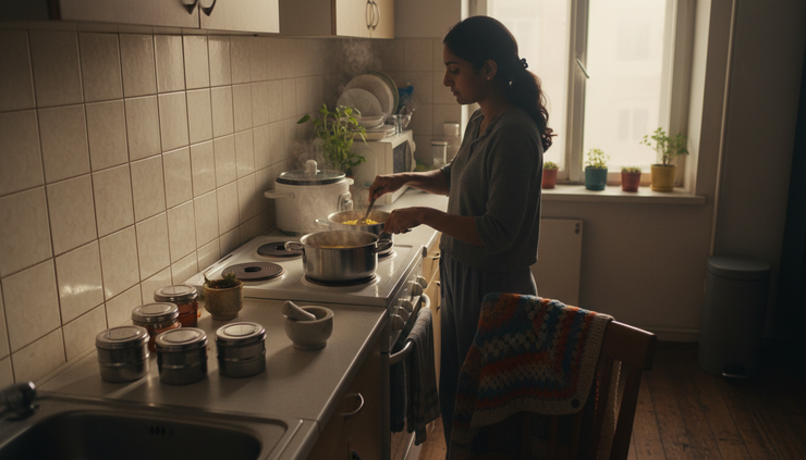 Eye-level view of an Indian student preparing a simple meal in a shared kitchen.