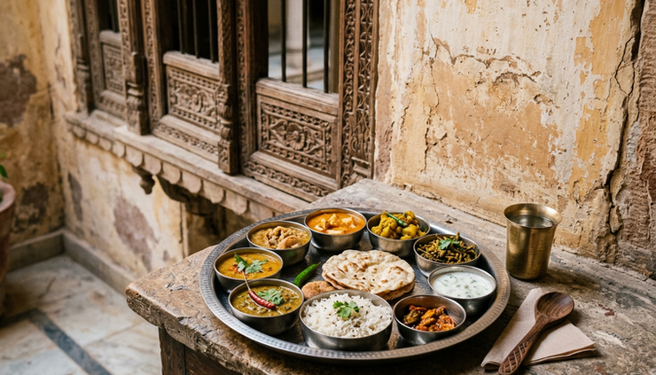 Close-up of a traditional Indian thali served beside an old courtyard wall