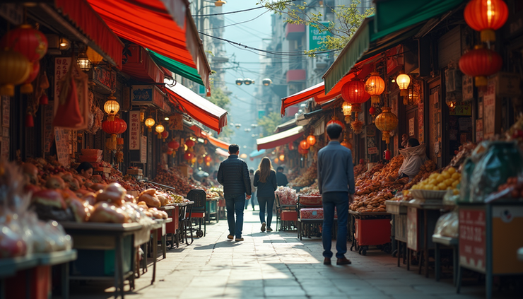 Eye-level view of a traditional Hong Kong street market with colorful stalls