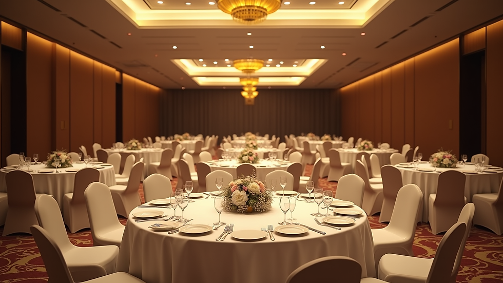 High angle view of a banquet hall set up for a corporate event in a hotel
