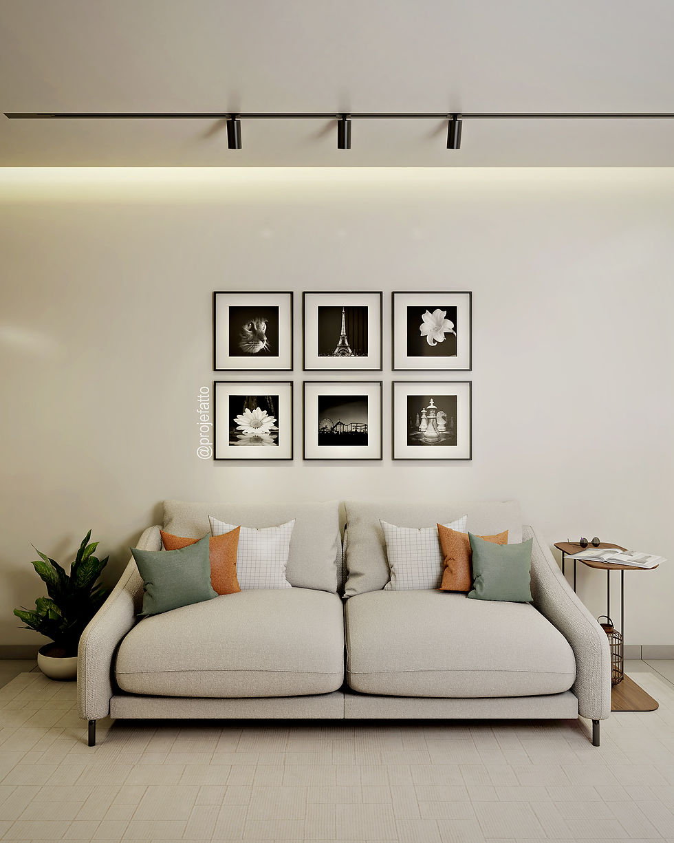 Sofá neutro com quadros em preto e branco