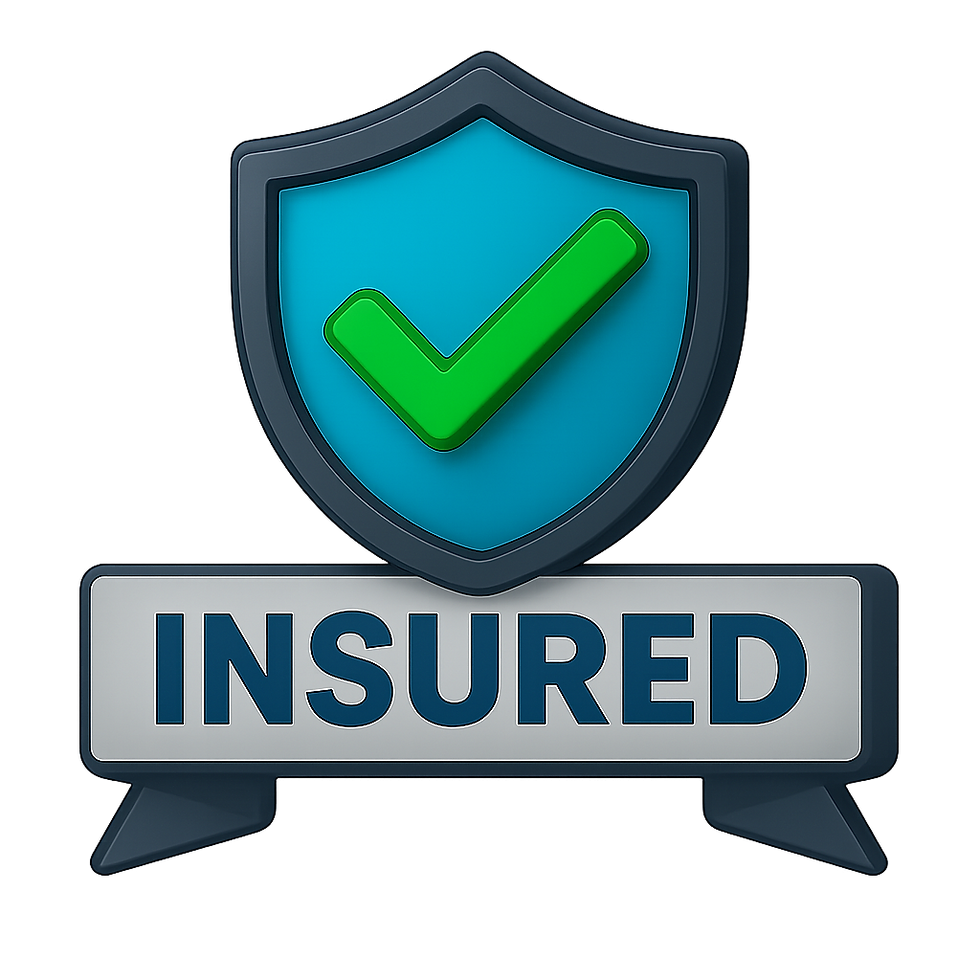 Shield-shaped badge with a green checkmark and the word ‘INSURED’, symbolizing fully insured home service protection