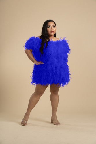 knee length dresses for ladies GLITZ AND GLAM FEATHER MINI DRESS  AKIRA
