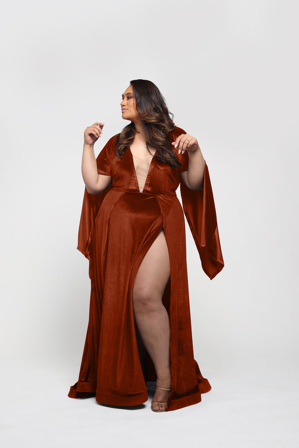 【関税込み】ROCHAS Draping neckline dress Nyx | Plus Size Velvet Cape Sleeve Low Cut Neck Special