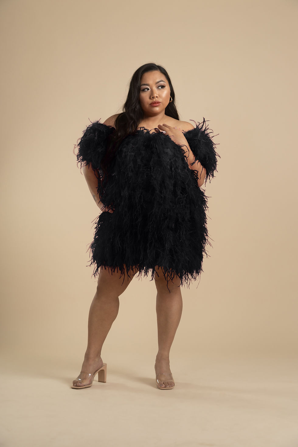 Thumbnail: Fête Plus Size Feather Black Mini Special Occasion Custom Dress