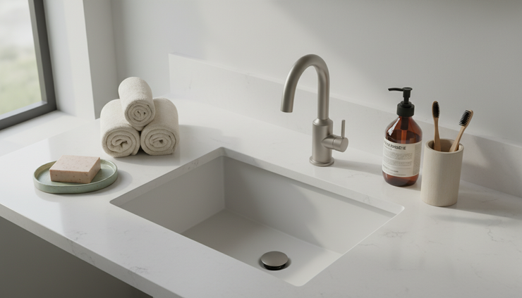Overhead view of eco-friendly bathroom accessories beside a low-flow faucet