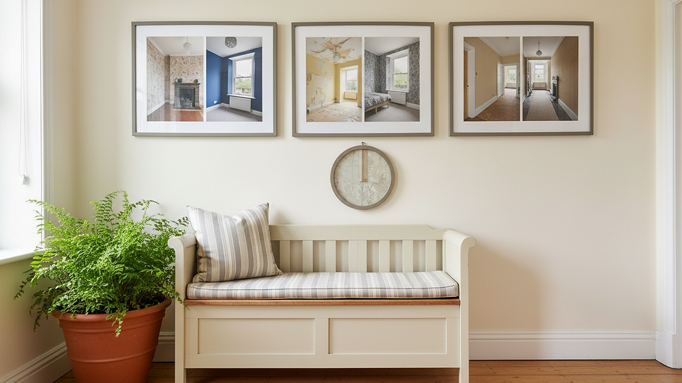 Close-up view of a landing area with a small bench, potted plant, and framed pictures on the wall