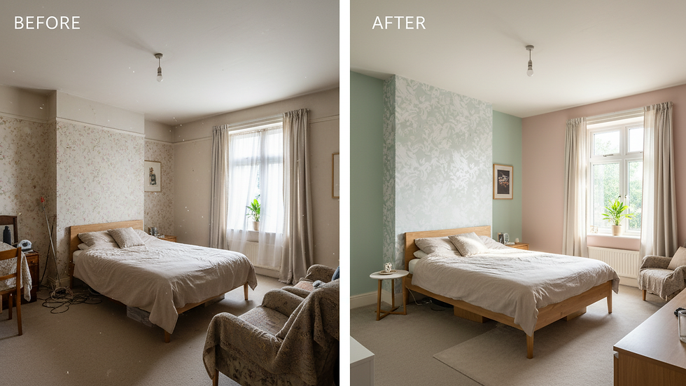 Wide angle view of a freshly painted bedroom with pastel walls and neat furniture