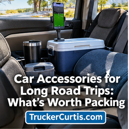 Phone mount, insulated travel mugs and a 12-volt cooler set up between a car's front seats, with the title Car Accessories for Long Road Trips