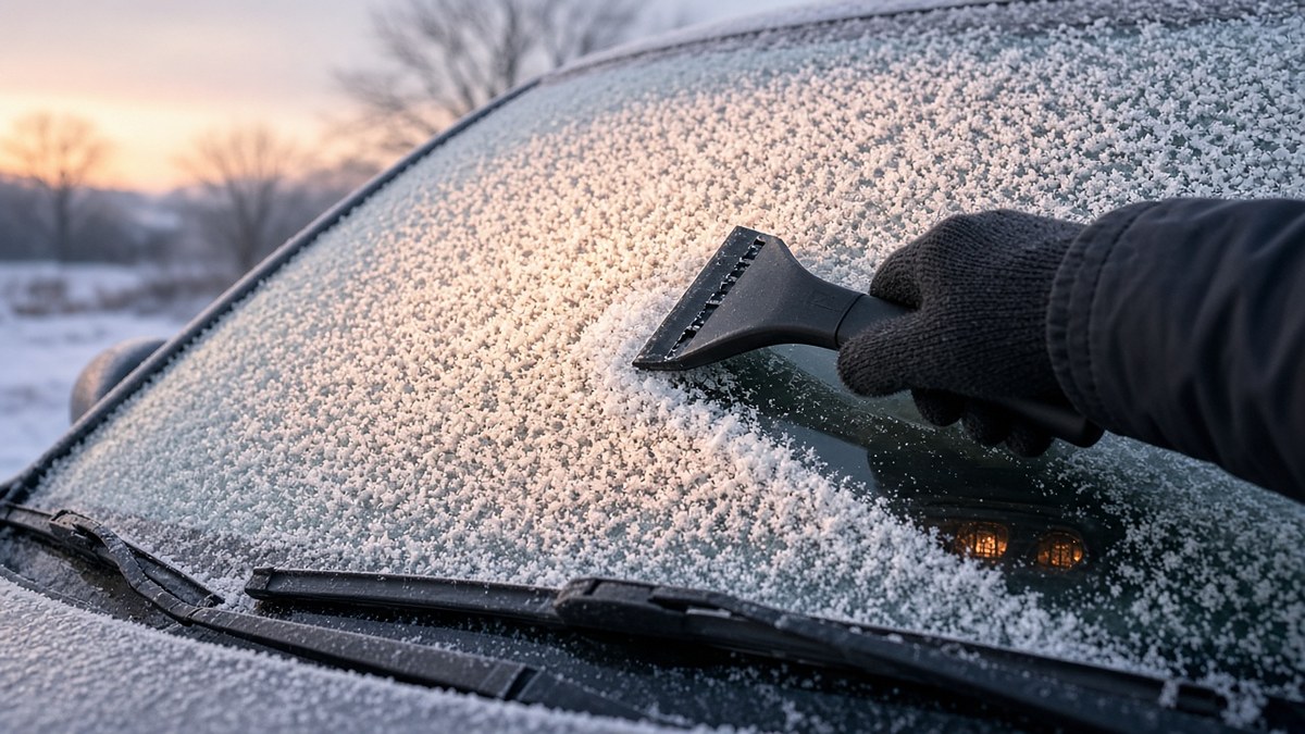 Gloved hand scraping frost off a car windshield on a cold winter morning