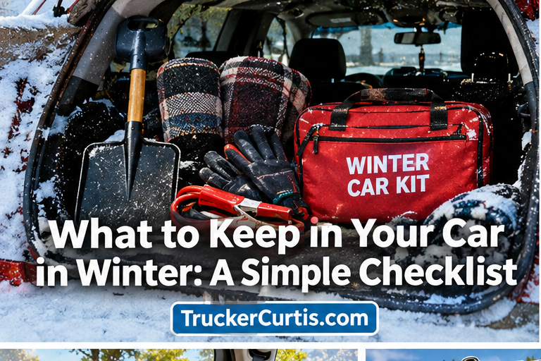 Winter car kit in a snowy open trunk with a shovel, blankets, gloves, jumper cables and a red kit bag, with the title What to Keep in Your Car in Winter