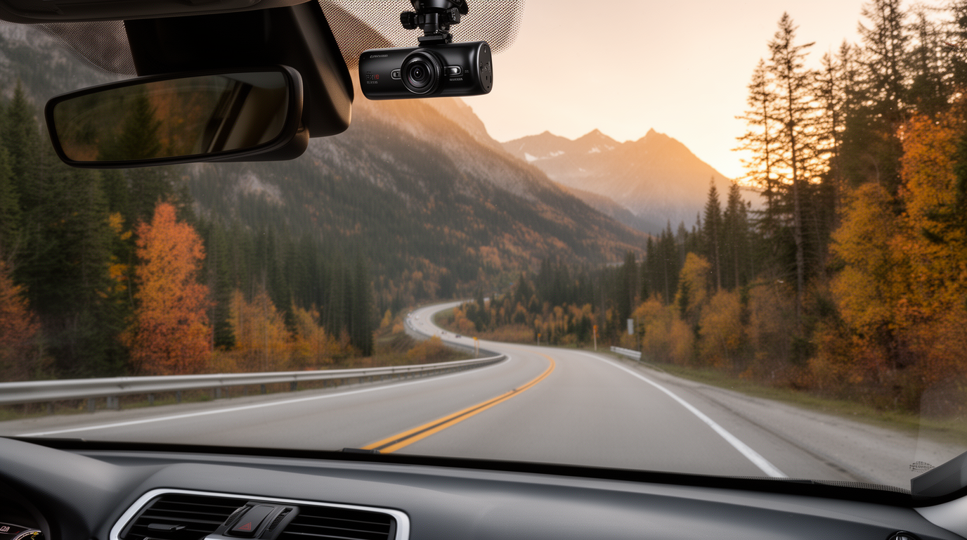 Compact windshield-mounted dash camera overlooking a mountain road at sunrise