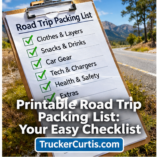 Clipboard road trip packing list with checked categories beside a mountain highway, with the title Printable Road Trip Packing List