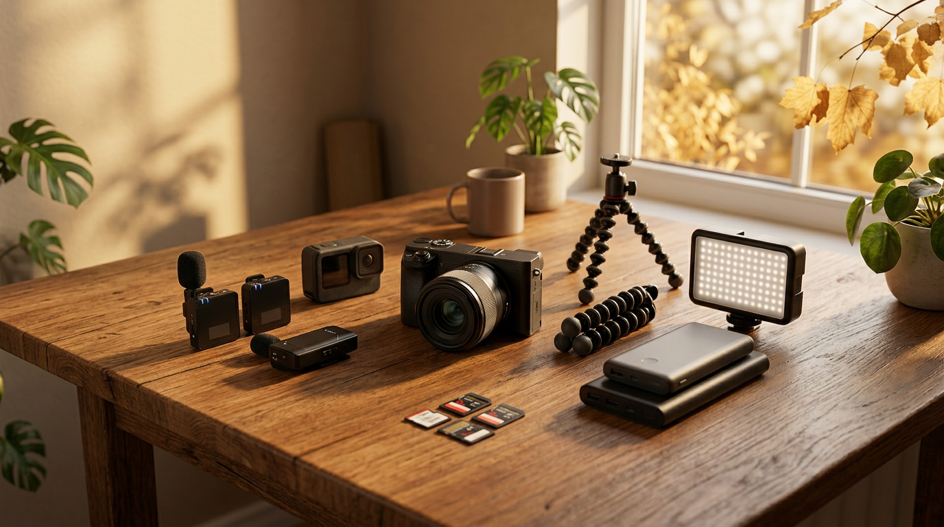 Camera, wireless microphone, tripod and video creator accessories arranged on a desk for Black Friday shopping