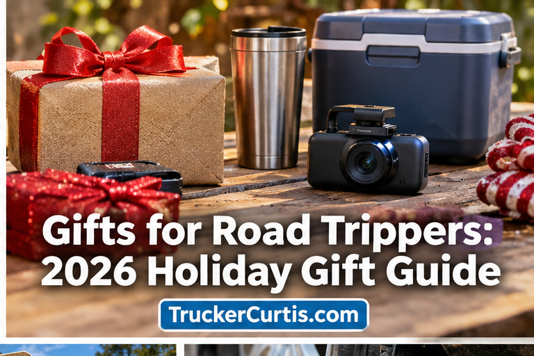 Wrapped gifts, an insulated tumbler, a 12-volt cooler and a dash cam on a wooden table, with the title Gifts for Road Trippers: 2026 Holiday Gift Guide