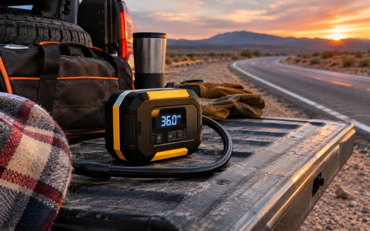 Portable digital tire inflator and road trip emergency supplies beside a pickup at sunset