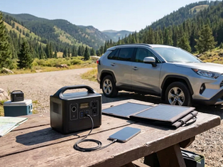 Portable power station and charging equipment beside an SUV at a scenic road-trip stop