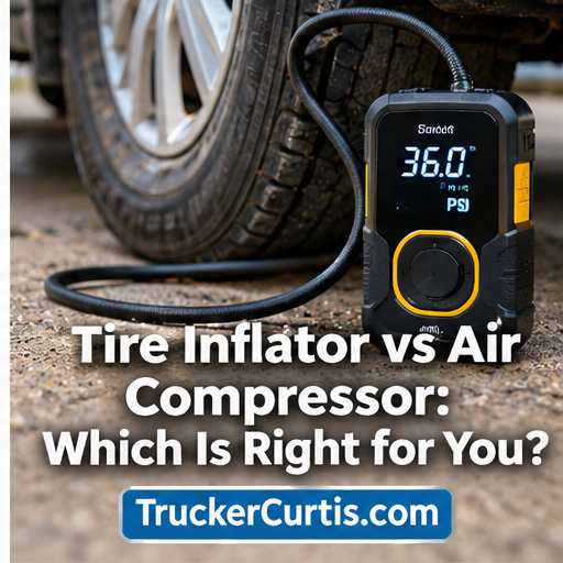 Cordless tire inflator reading 36 PSI connected to a car tire, with the title Tire Inflator vs Air Compressor