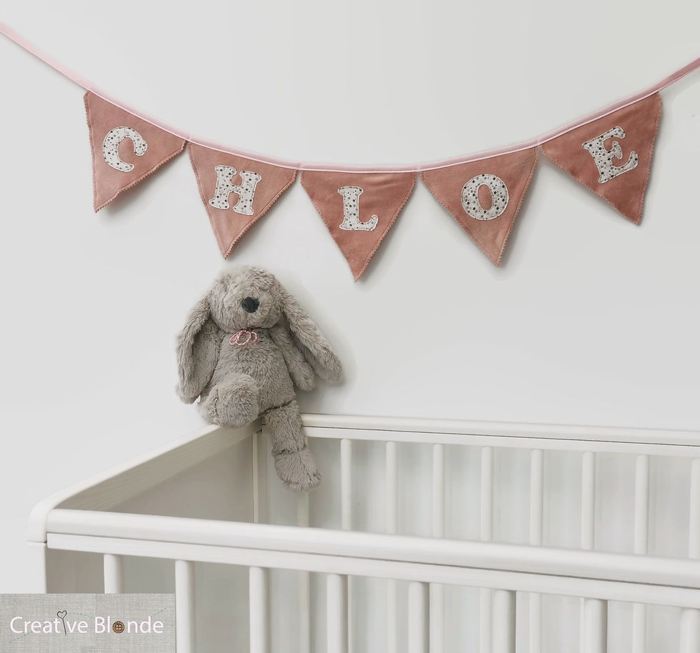 Thumbnail: Personalised name bunting in pink velour, baby room bunting, pink butterfly