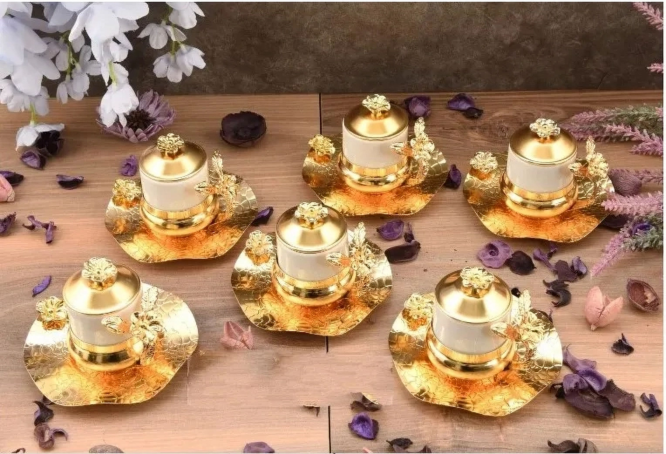 Roses Gold Color Coffee Set For Six With Metal Plates