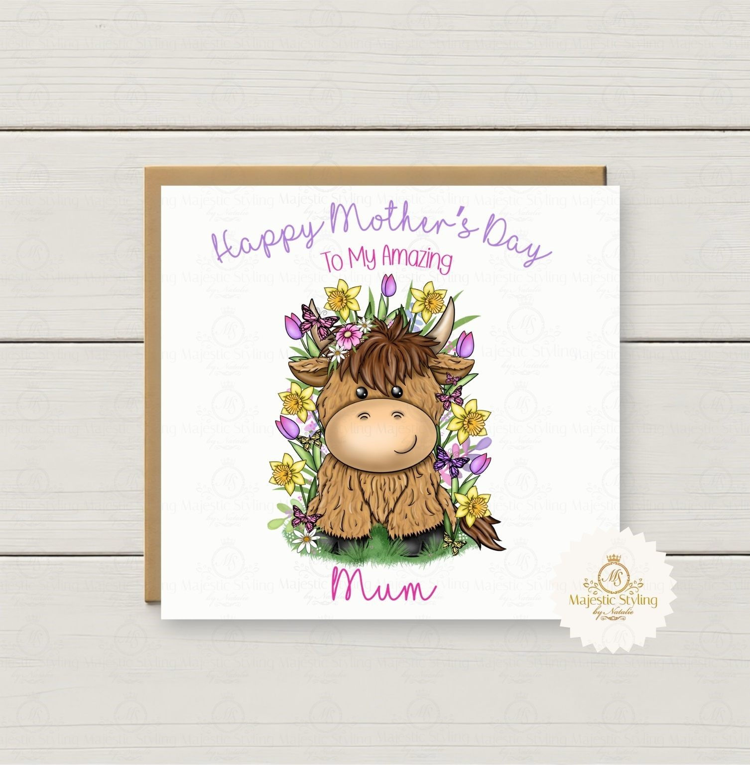 Spring Flowers Highland Cow Mother's Day Card