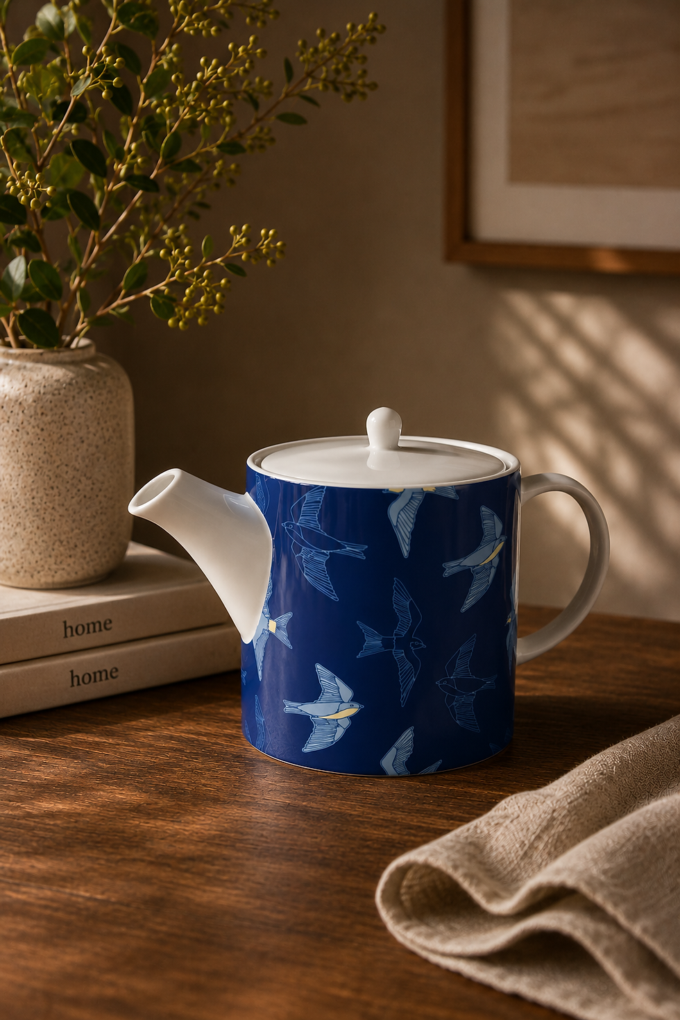 House Martins Arrival, a surttern from the Garden of Memories by Kate Jane, available as a high quality Teapot