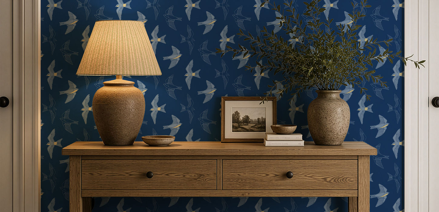 House Martins Arrival is a hand-painted & drawn surface pattern from the Garden Of Memories collection by Kate Jane.