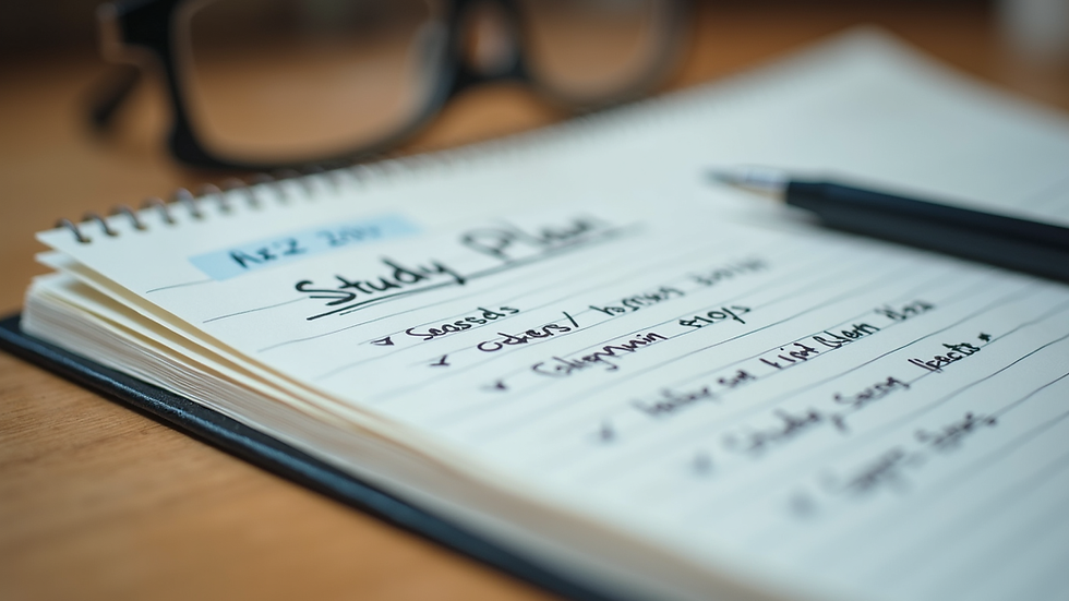 Eye-level view of a notebook with a detailed study plan written in neat handwriting