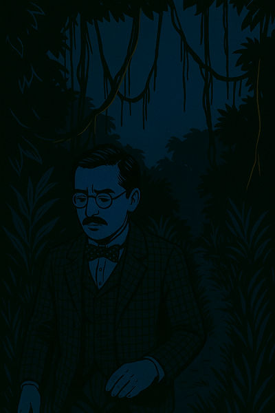 A well-dressed French man walking through the jungle at night.