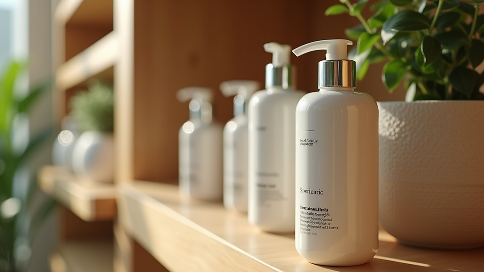 Eye-level view of herbal skincare bottles on wooden shelf