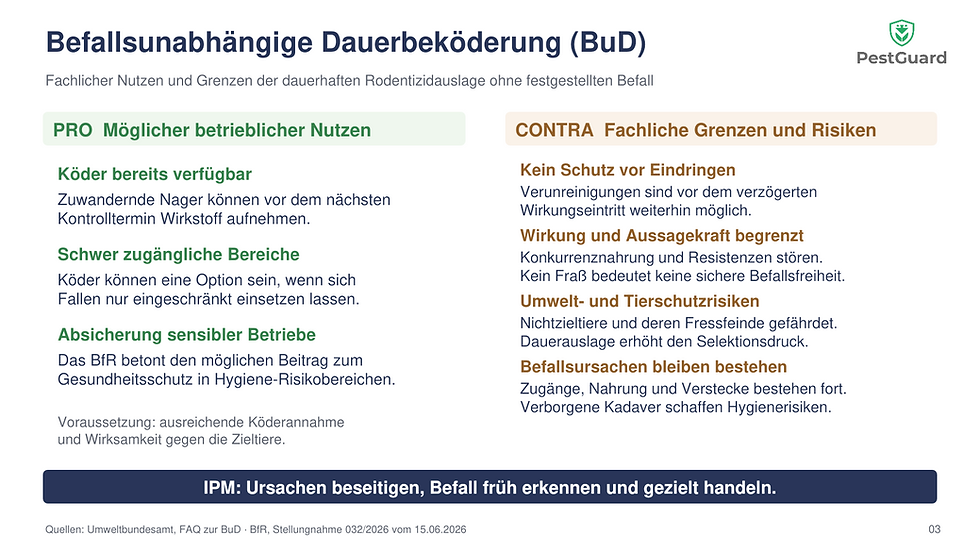 Fachliche Vorteile und Nachteile der befallsunabhängigen Dauerbeköderung im IPM.