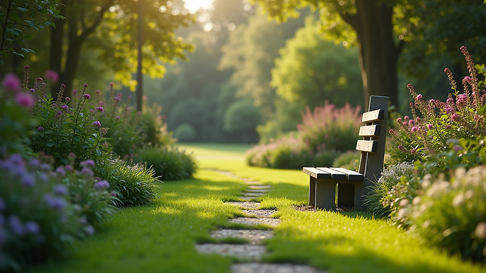 Eye-level view of a peaceful garden with a small bench