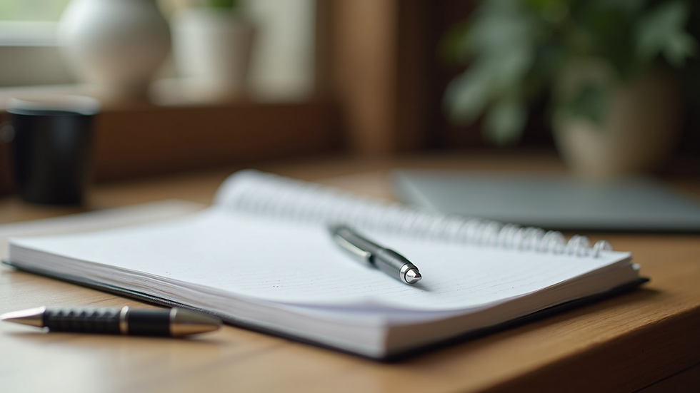 Close-up view of a notebook and pen on a wooden desk