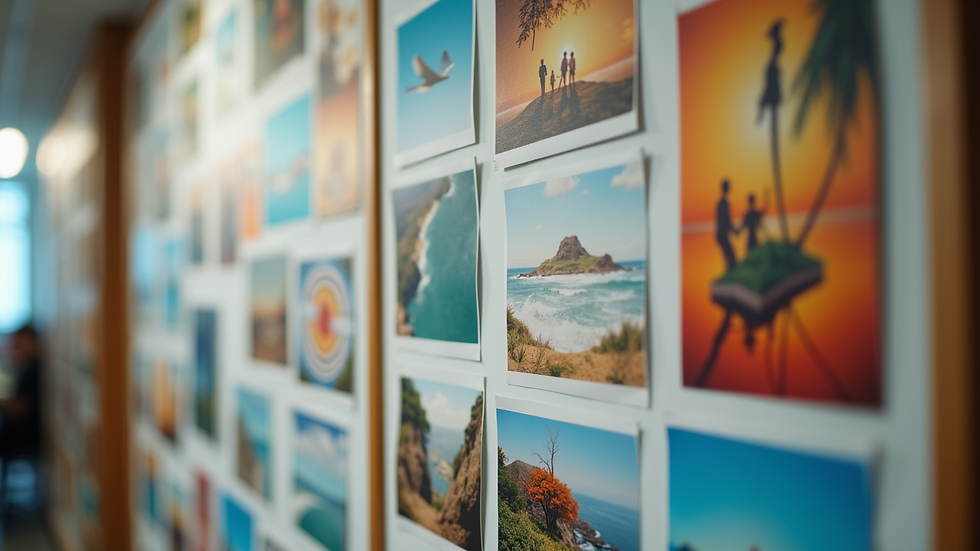 Close-up of a vision board with colourful images and words