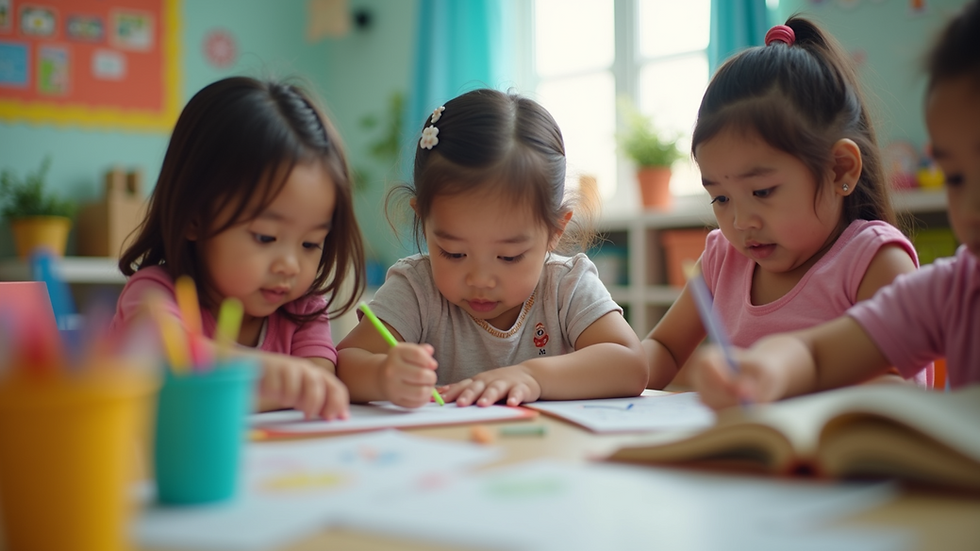 Eye-level view of children engaged in bilingual learning activities at Almas Daycare