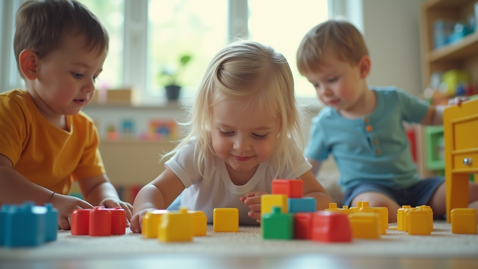 Eye-level view of children playing in a safe and colorful daycare environment