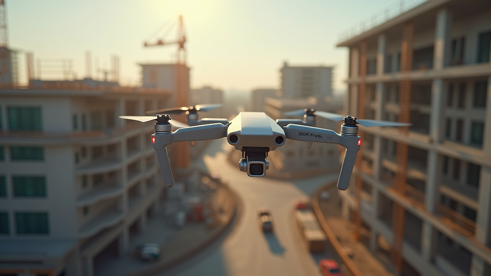 High angle view of a drone surveying a construction site