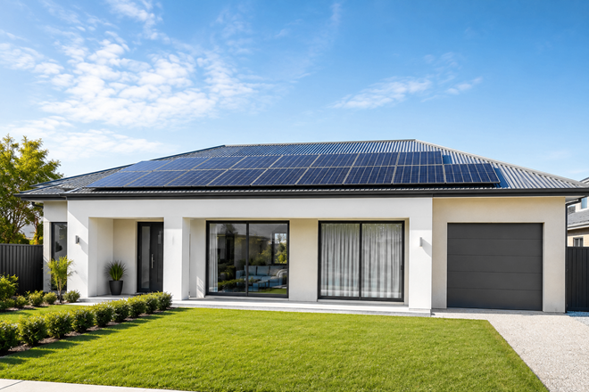 Modern home with rooftop solar panel protection