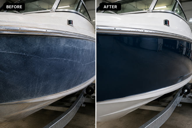 Before and after boat detailing showing hull restoration.