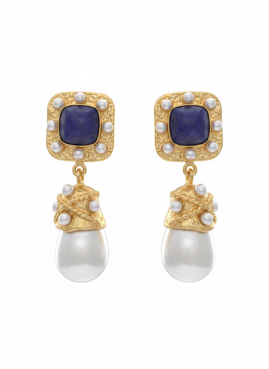 Semiprecious gold plated earrings with blue lapis stones and pearls