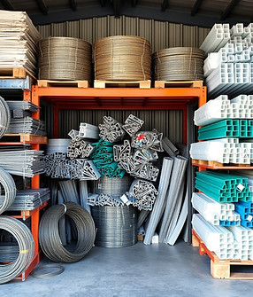 storage with different material supplies like metal wires, aluminum profiles, PET preforms