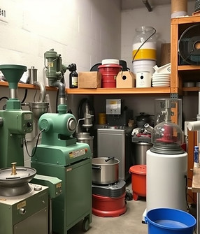 Storage with a lot of new different mini-industry equipments like blowing machines, grinde