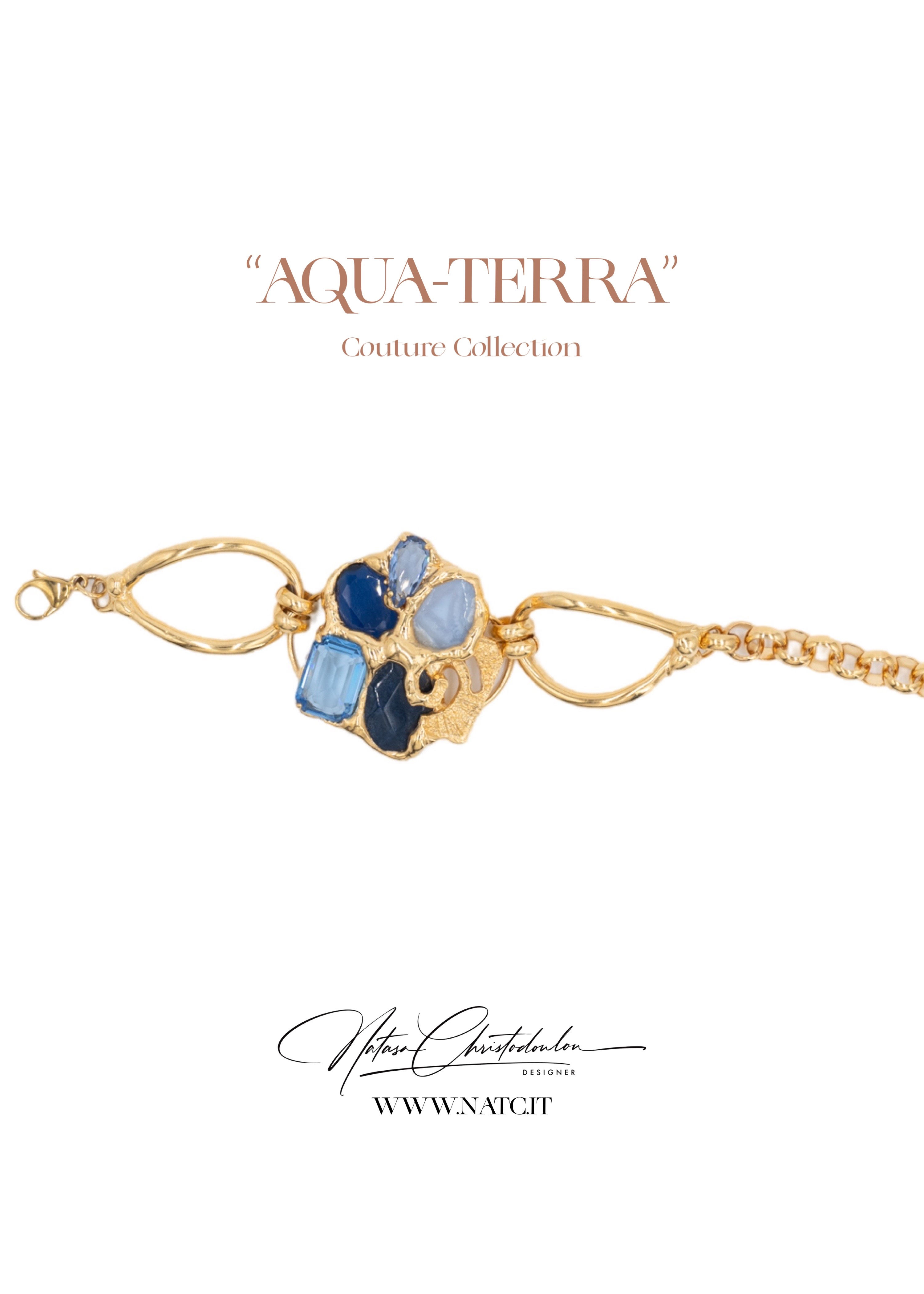 Couture Blue Lapis semiprecious stones and zircons bracelet 24k gold plated